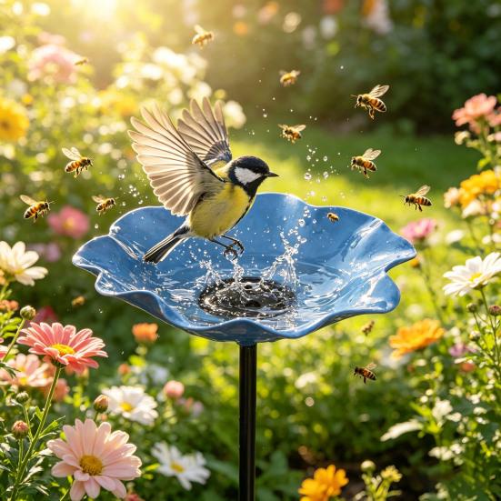 Garden Metal Flower Stake Decorative Bird Bath Ground Insert Bee Watering Station Butterfly Drinking Bowl for Backyard Pollinators Wild Birds Patio