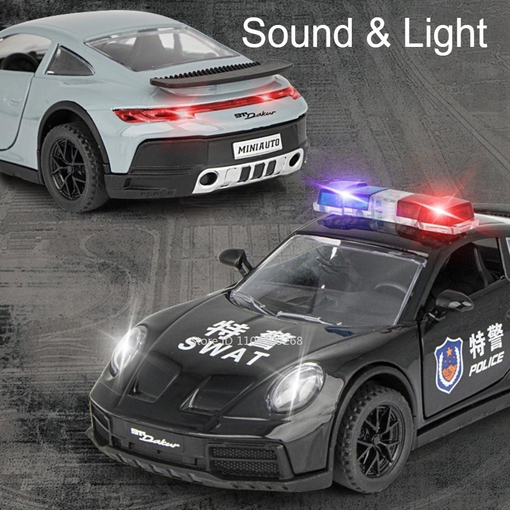 1:32 911 Dakar Police Car Model Toy Alloy Body Sound Light Pull Back Doors Opened Sports Cars Models Toys Boys Birthday Gifts