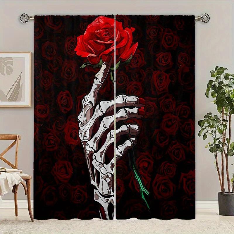 2pcs Skull Pattern Curtains Decorative Grommet Top Window Drape Window Treatments For Bedroom Living Room Home Decor Cortinas