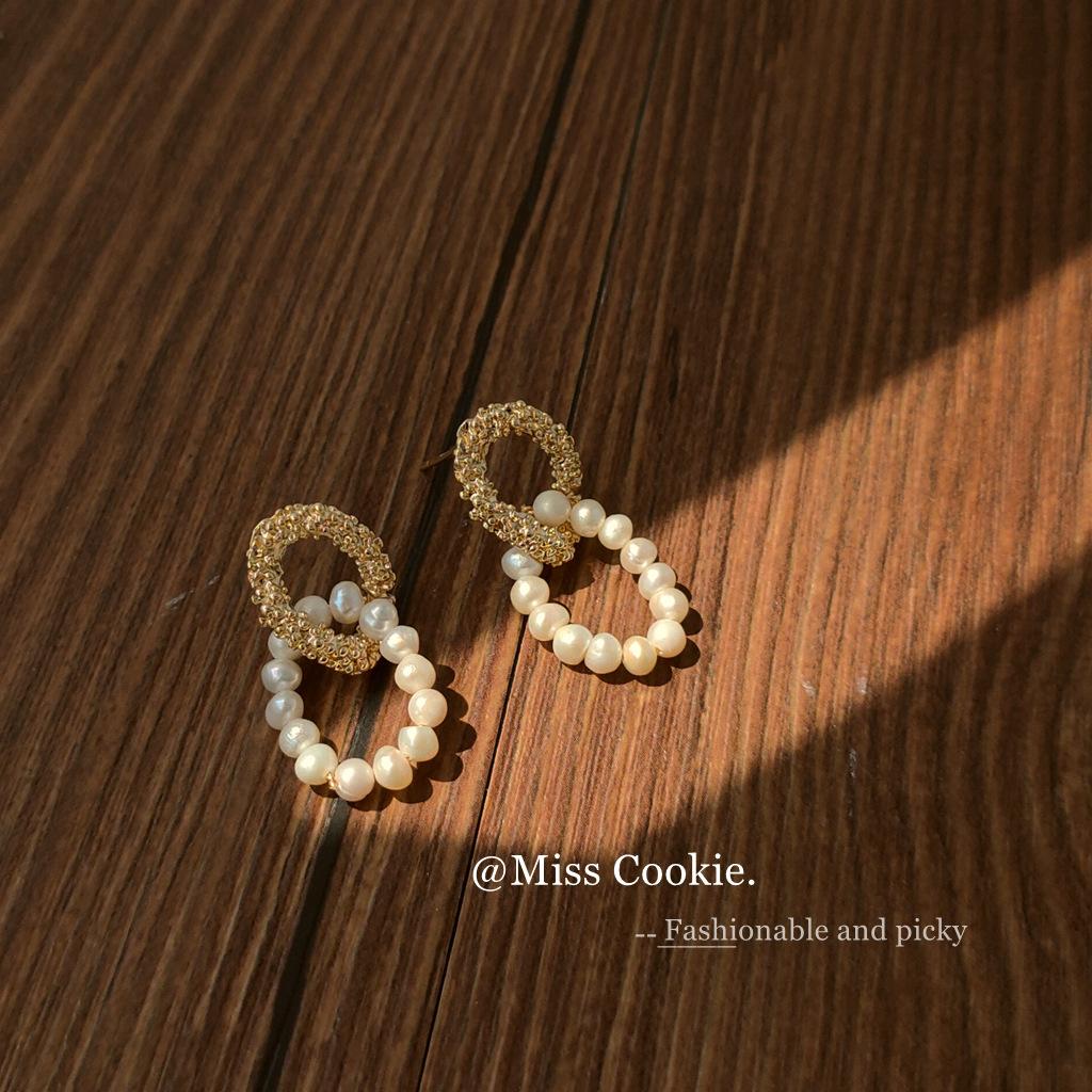 S needle plated real gold quality natural freshwater pearl handmade oval special-shaped earrings earrings new