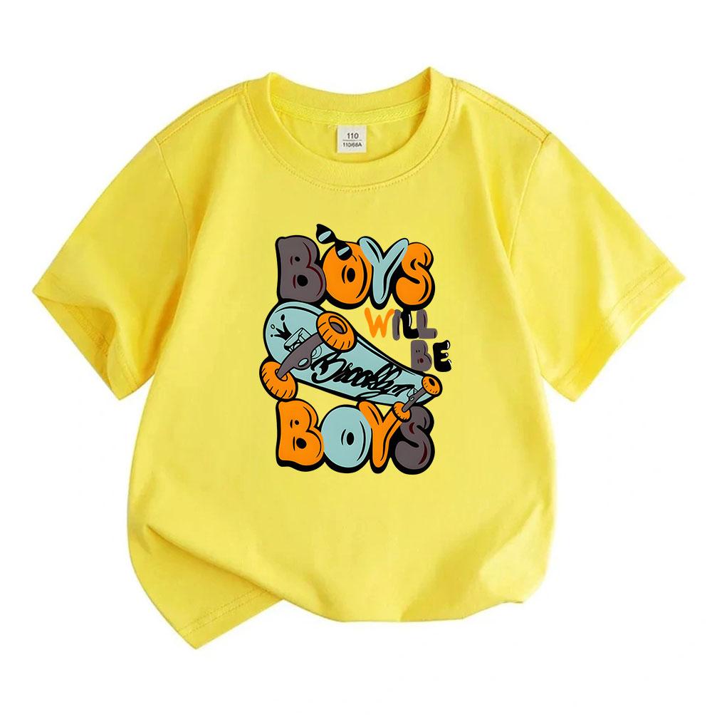 Kids Boys Girls 100% Cotton Crew Neck Short Sleeve T-Shirt, Cute Boys Will Be Boys Skateboard Graphic Casual Summer Tee Tops for Children Daily Wear