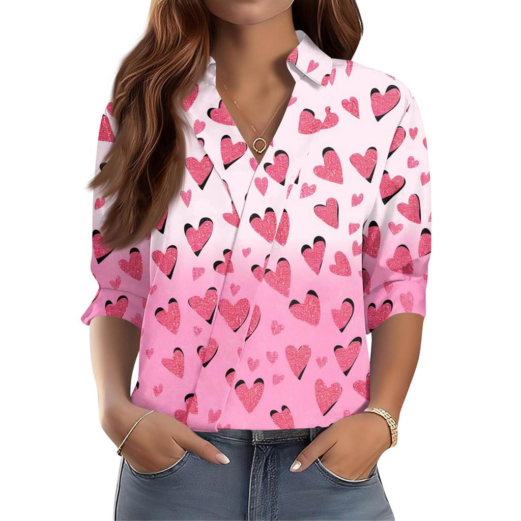 Women's 3/4-Sleeve V-Neck Shirt Printed Workwear Casual Regular Shirt Collar Top
