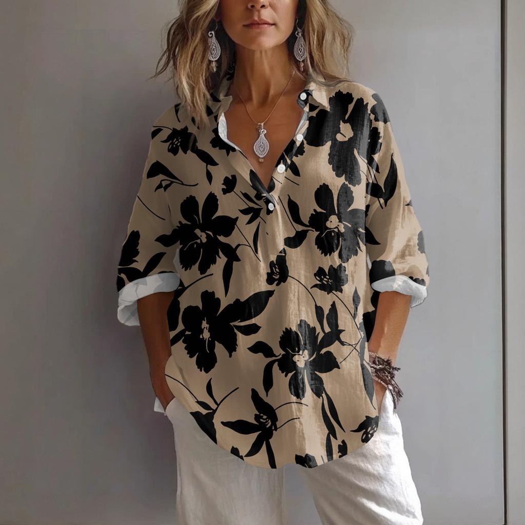 Women's Casual Spring And Summer Loose Printed Casual Sleeved Lapel Pullover Shirt