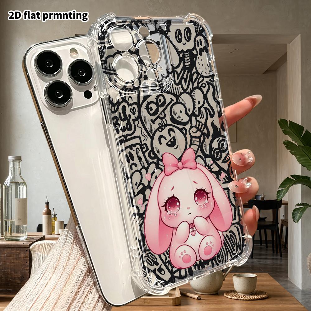 Phone Case: 2D Flat Suitable for iPhone 18 17 16 15 14 13 Pro, Transparent Corner Protection Case, Pink Floppy Eared Bunny, Christmas and Halloween Gi