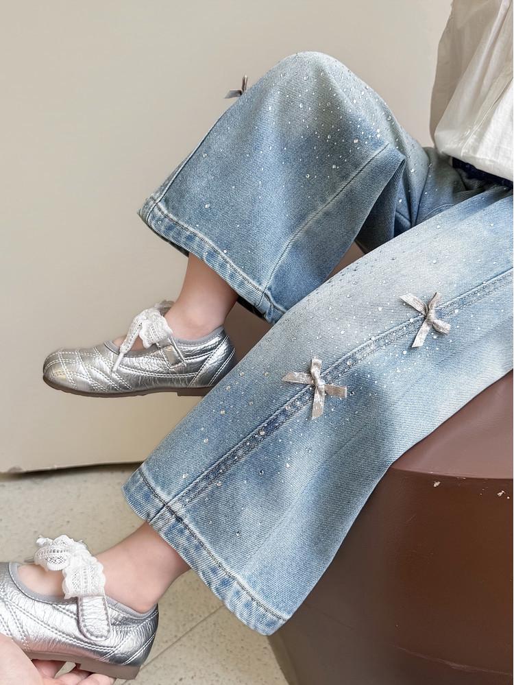 Girls' 2026 Spring Rhinestone Star Denim Jeans - Drapey Straight-Leg Casual Pants
