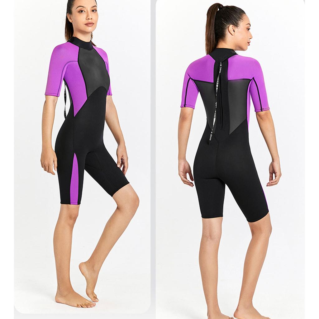 Combinaison de plongée pour femme à manches courtes une pièce 2 mm Maillot de bain UPF50 Plus Élastique dans les 4 directions Néoprène thermique pour la plongée, le surf, la natation, les sports nautiques Violet L
