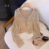 Fresh and Thin Lace-up Short Blouse Top Women's French Design Hollow Crochet Knitted Sweater