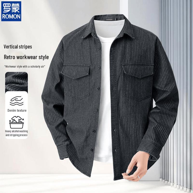 ROMON Men s Casual Washed Denim Shirt Jacket XL
