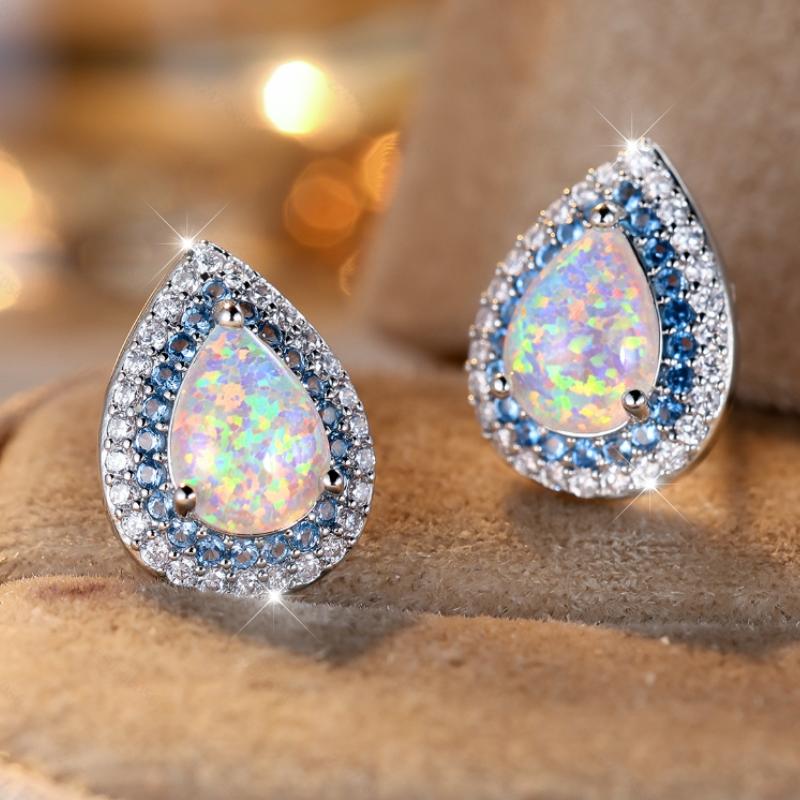 

Роскошные женские классические серьги-пусеты в форме капли воды, инкрустированные опалом и цирконом, простые изысканные роскошные свадебные цирконовые серьги в подарок