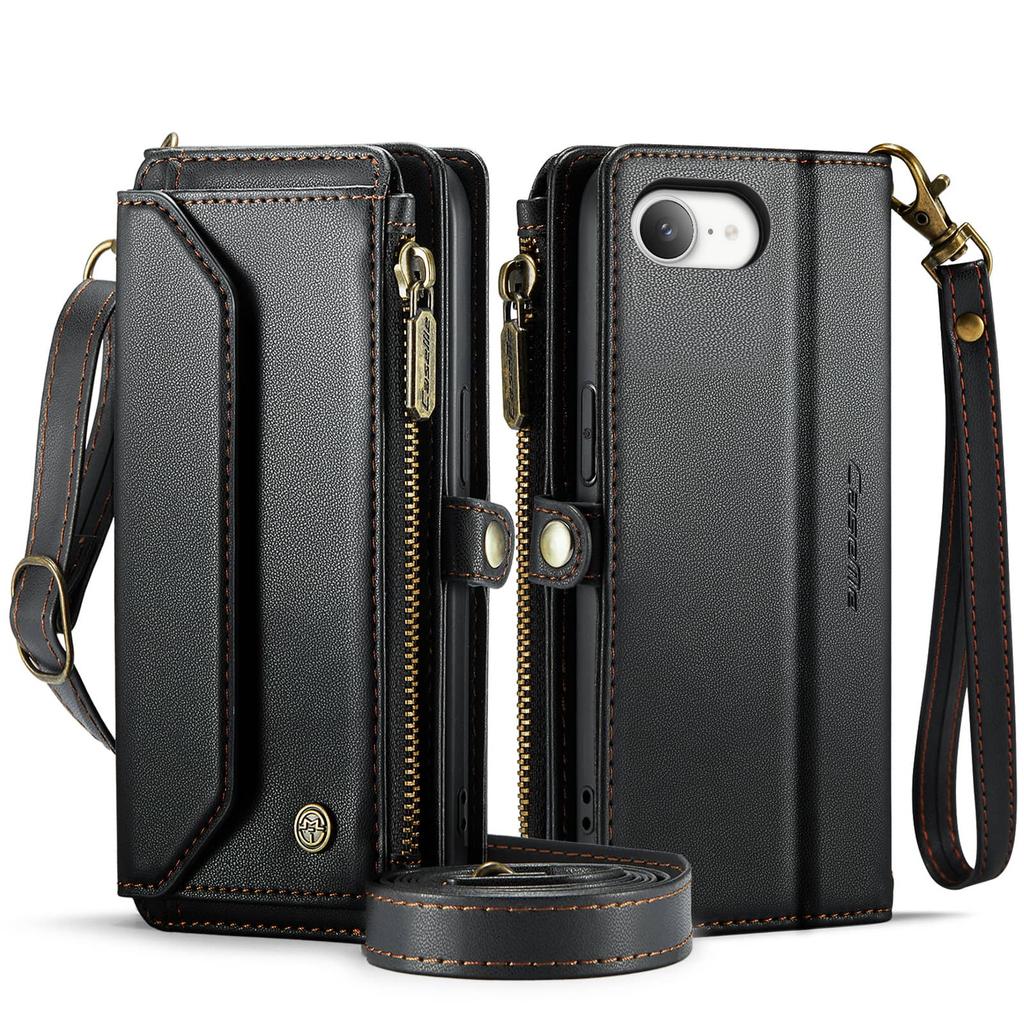 Per iPhone 17e 16e Custodia Portafoglio a Tracolla Blocco RFID Pelle PU Copertura Magnetica a Flip Porta 7 Carte Tasca con Zip Tracolla