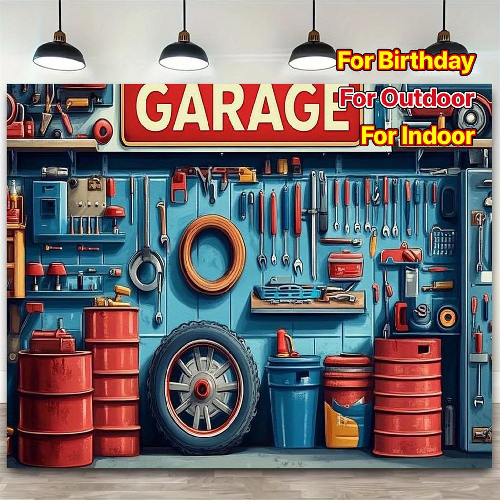 2D Plane Garage Repair and Car-themed Studio Party Banner Bright Car Tools and Parts Polyester Fiber Material