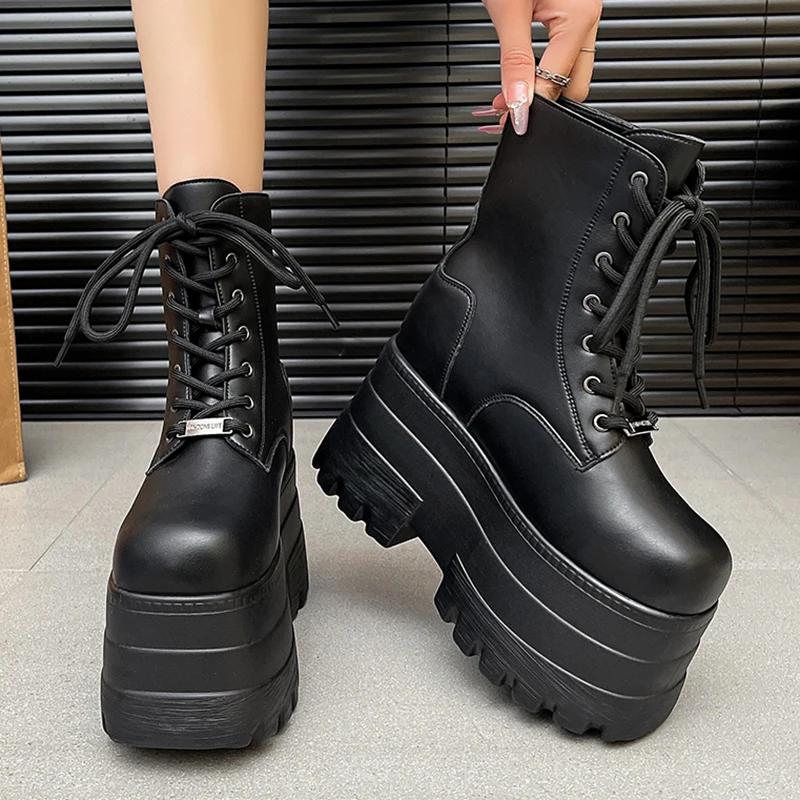 Women 13 CM Platform Boots Casual Outdoor Shoes Chunky Simple Lace Up Design Ankle Boots Cool Nightclub Party Black Shoes 35-43