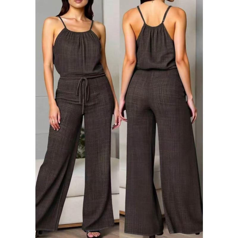 Texture Suspender Dress with Waist-reducing Drawstring Design - Loose-fitting Wide-leg Casual Pants