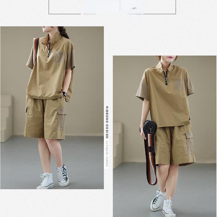 Pohodlný 2dílný set s jednobarevnými volnými šortkami a topem na zip