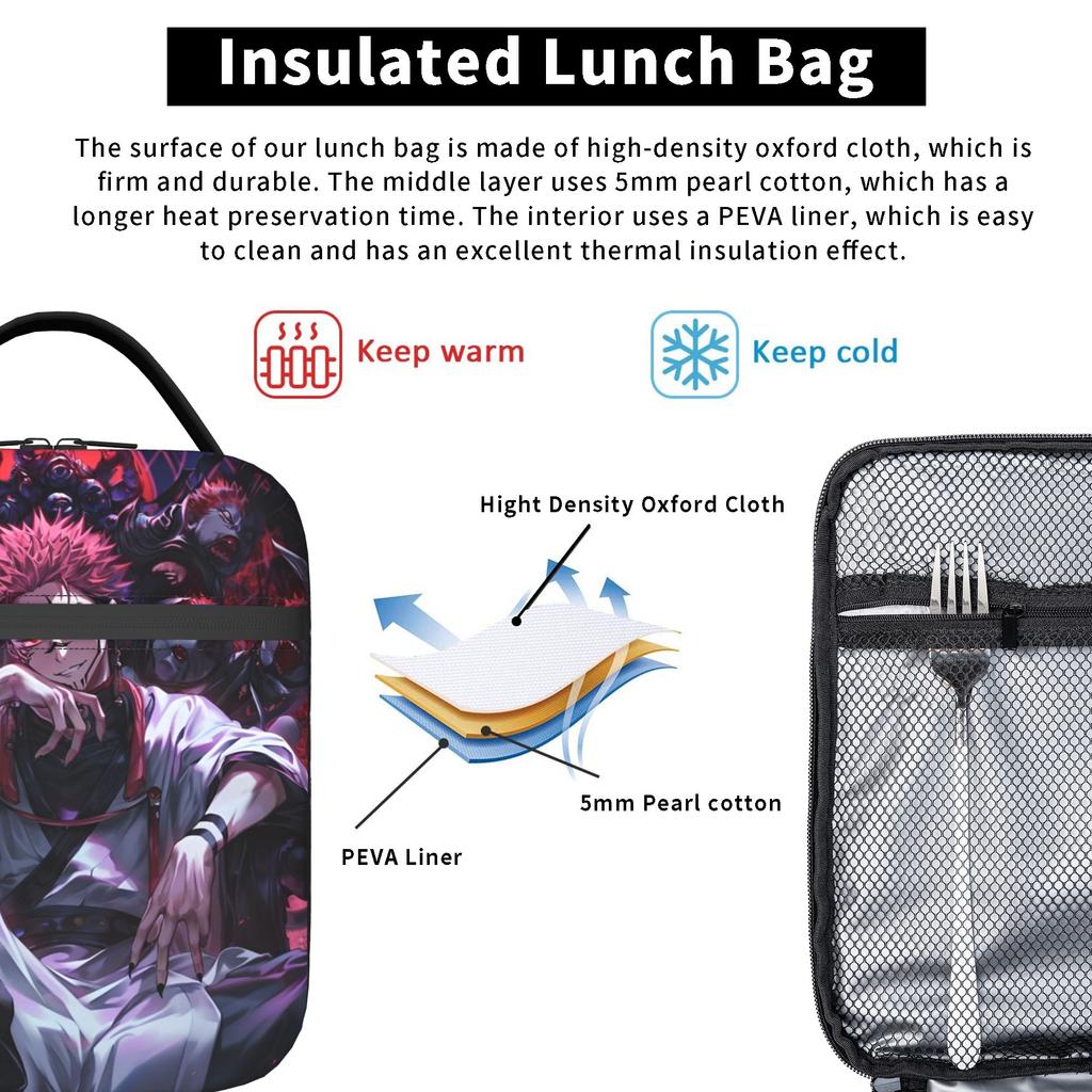 Ryomen Sukuna Isolierte Lunchtaschen Groß Jujutsus Kaisens Anime Essensbehälter Thermotasche Tragetasche Lunchbox Aufbewahrungstaschen für Lebensmittel