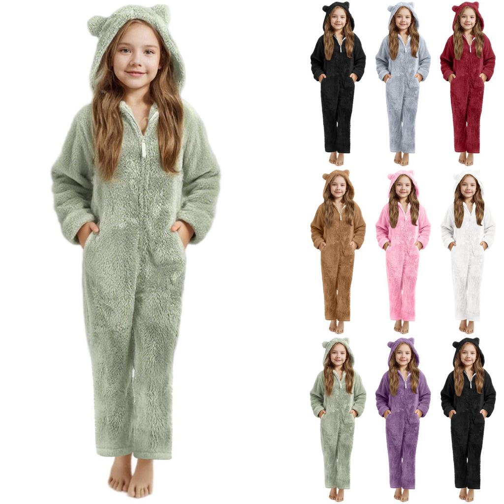 Children's Boys And Girls Solid Color Hooded Long Sleeved Zipper Plush Warm Children's Clothing Jumpsuit