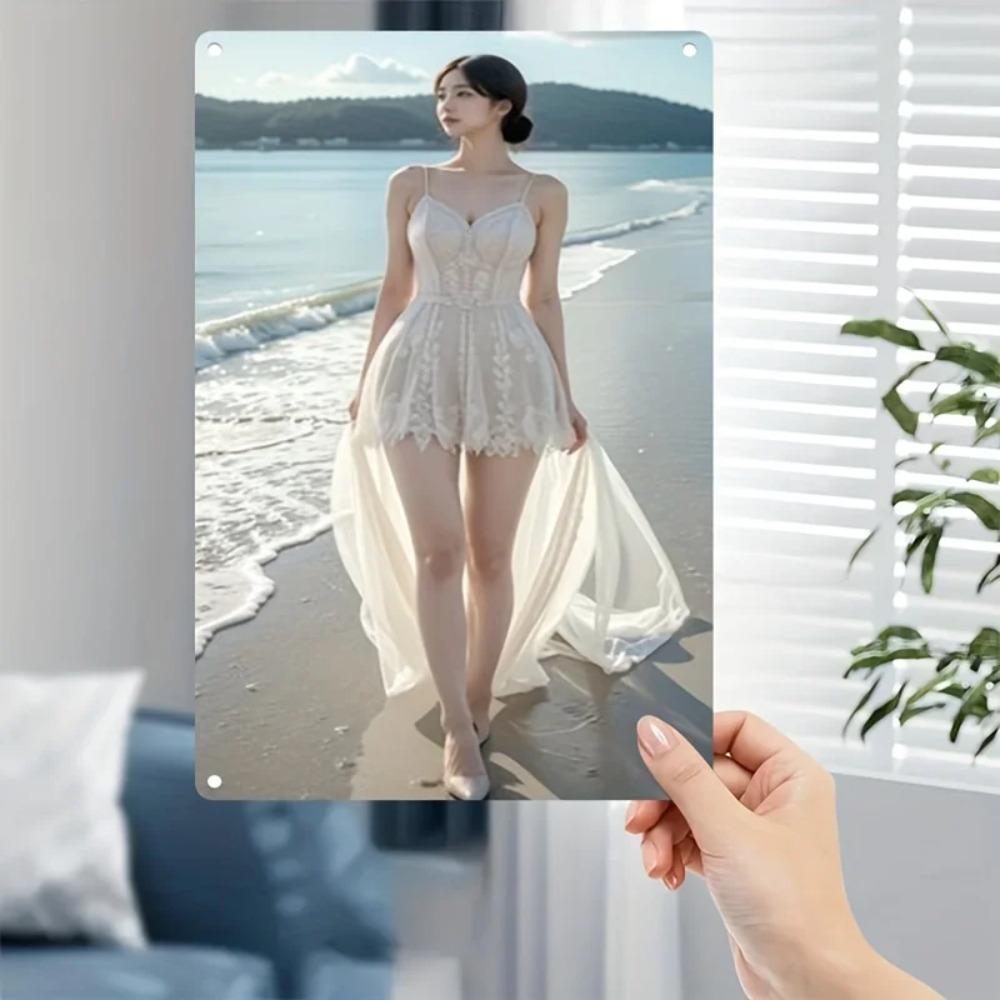 Vintage Metal Wall Art - Elegant Woman In White Beach Dress Coastal Scene