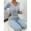 Women Sexy Lace Trim Long Sleeve Long Pants Pajama Set European Style Home Sleepwear