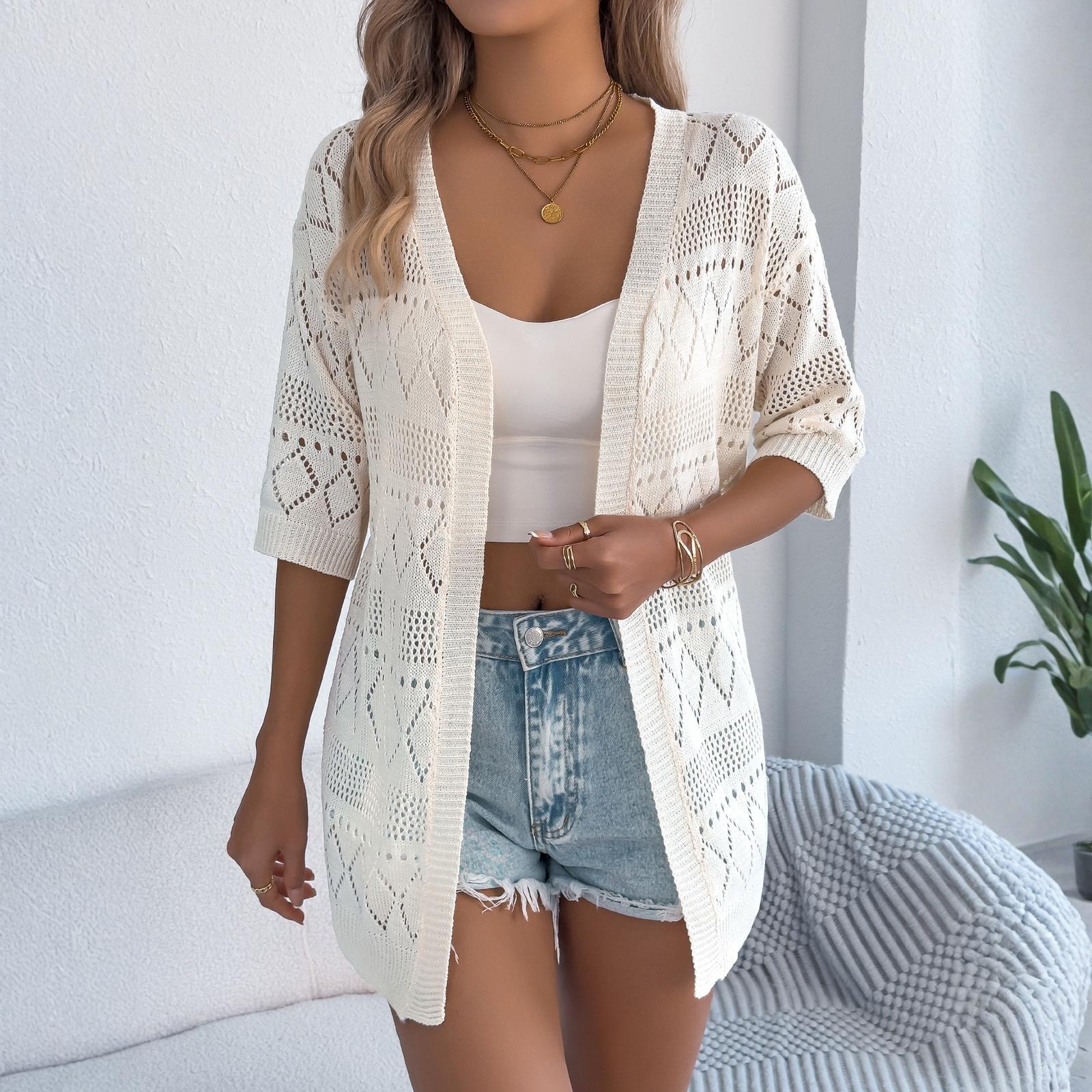 

Women s Casual Color Openwork Short,sleeved Knitted Cardigan/top For Vacation. XL бежевий