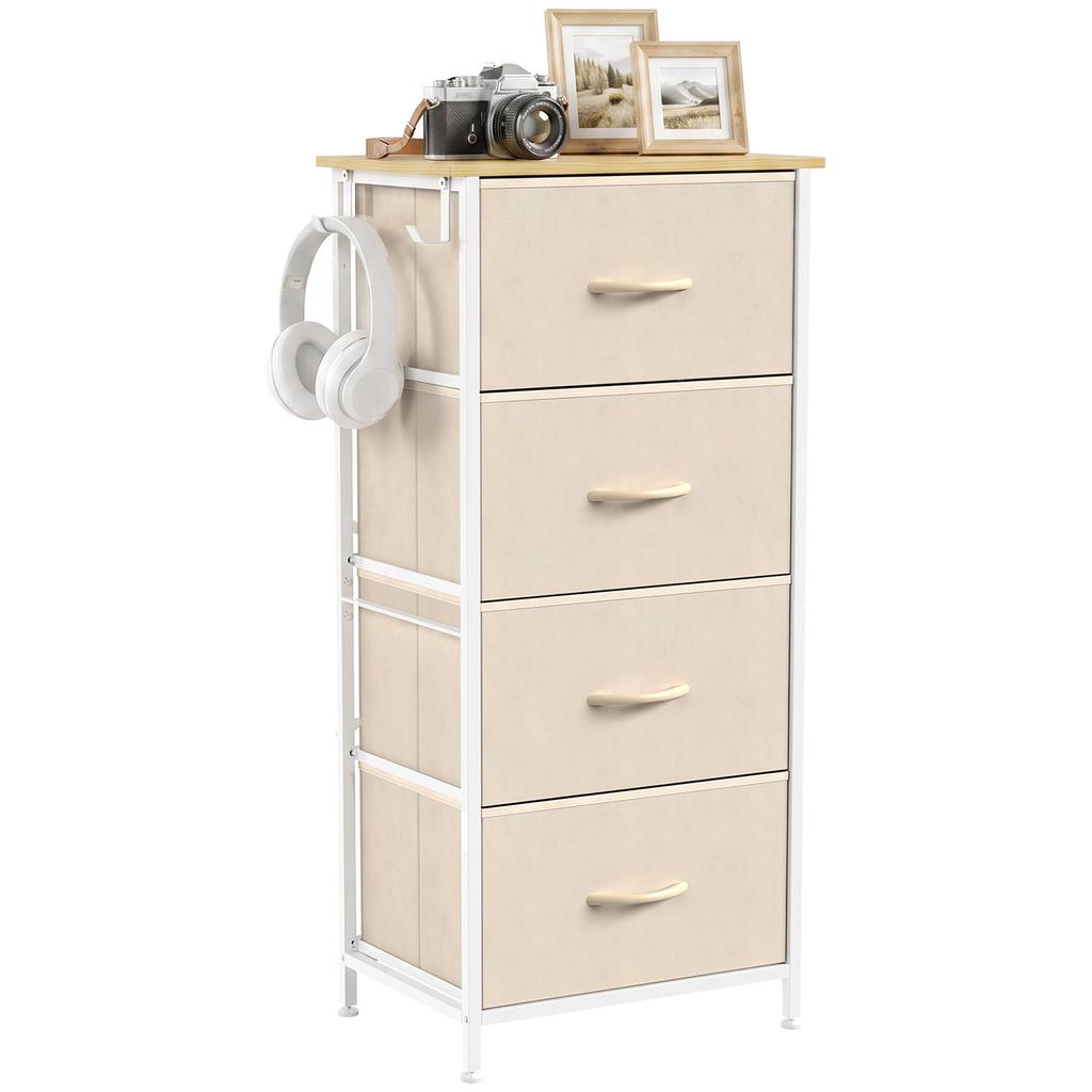 Fabric Chest of Drawers, 4 Drawers, 4 Pockets, 2 Hooks, Steel Frame, 45 x 30 x 94.5 cm, Beige