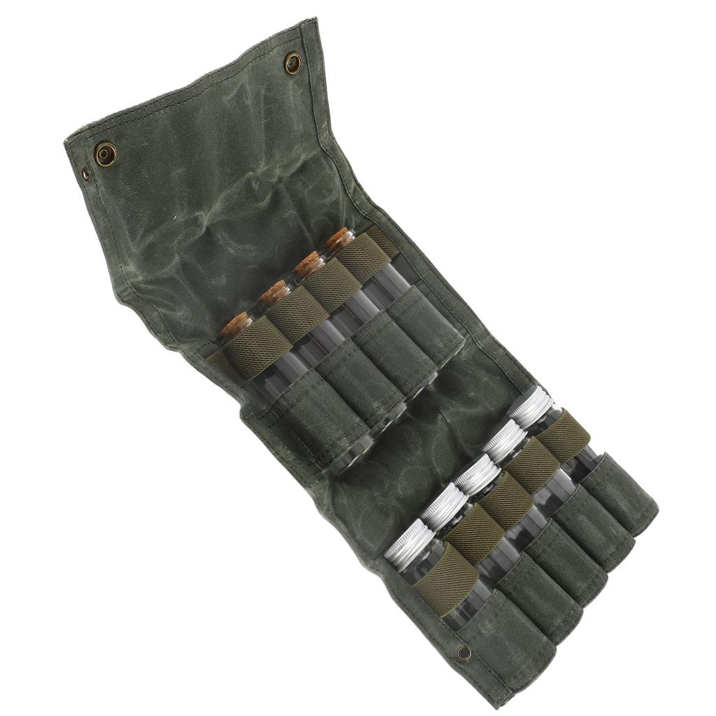 Tragbare Gewürztasche Mehrzweck-Leinwand-Gewürzlagerbeutel mit 9 Gewürzgläsern für Outdoor-Camping-Reisen OD-Grün