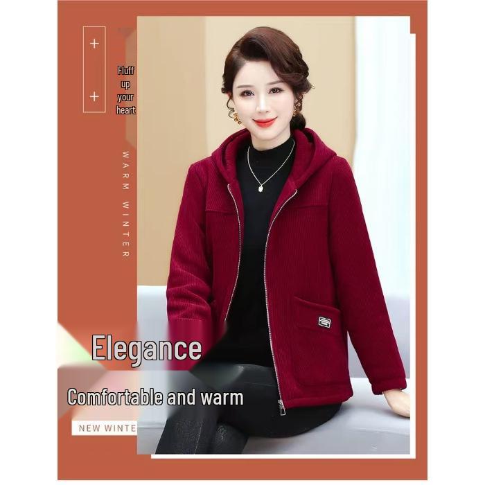 Women s Warm Corduroy Jacket for Fall/Winter, Thick, Loose-Fit, Plus Size, Ideal for Middle-aged and Elderly Moms 4XL красный