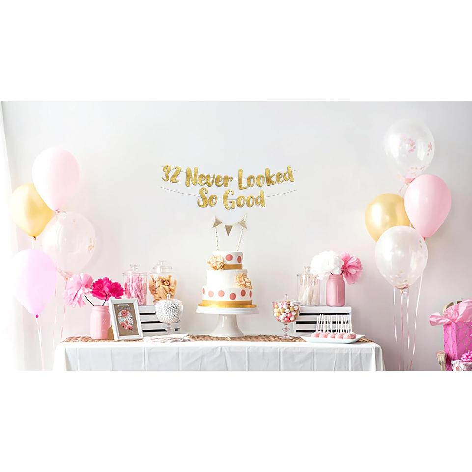 32 Never Looked So Good Gold Glitter Banner - 32nd Anniversary and Birthday Party Decorations