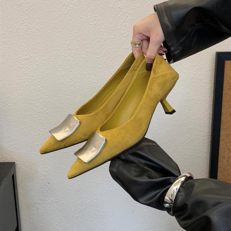 Large size fine heel suede pointed head shallow mouth single shoes women's new metal buckle cat heel temperament versatile evening shoes women
