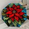 Stained Poinsettia Design Automatic Opening Folding Umbrella with 8-Bone Iron Frame for Outdoor Use, Festive Gift, Suitable for Fans, Travel