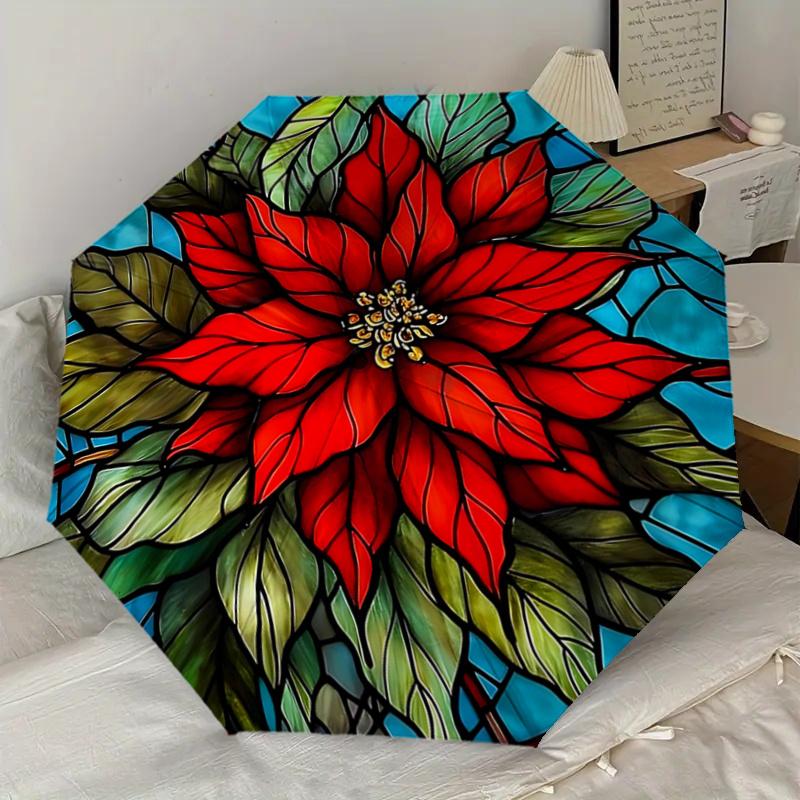 Stained Poinsettia Design Automatic Opening Folding Umbrella with 8-Bone Iron Frame for Outdoor Use, Festive Gift, Suitable for Fans, Travel