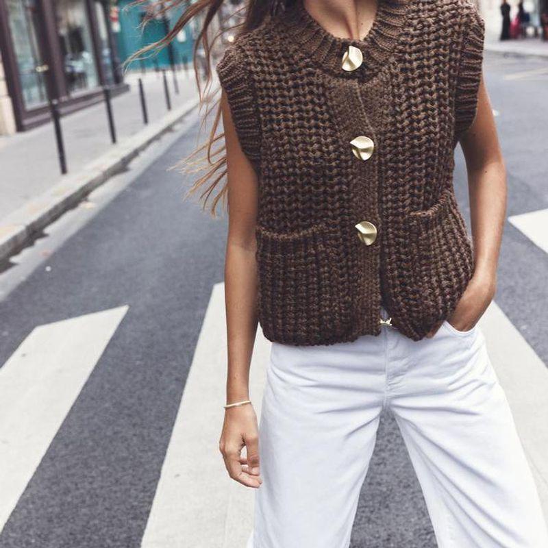Spring New Arrival Women's Clothing Stylish Niche Style Vest Round Neck Sleeveless Thick Needle Knitting Vest 5802114