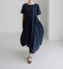 Loose Plus Size Cotton Linen Round Neck Pullover Dress - Japanese & Korean Style, Solid Color, Knee-Length Swing Skirt.