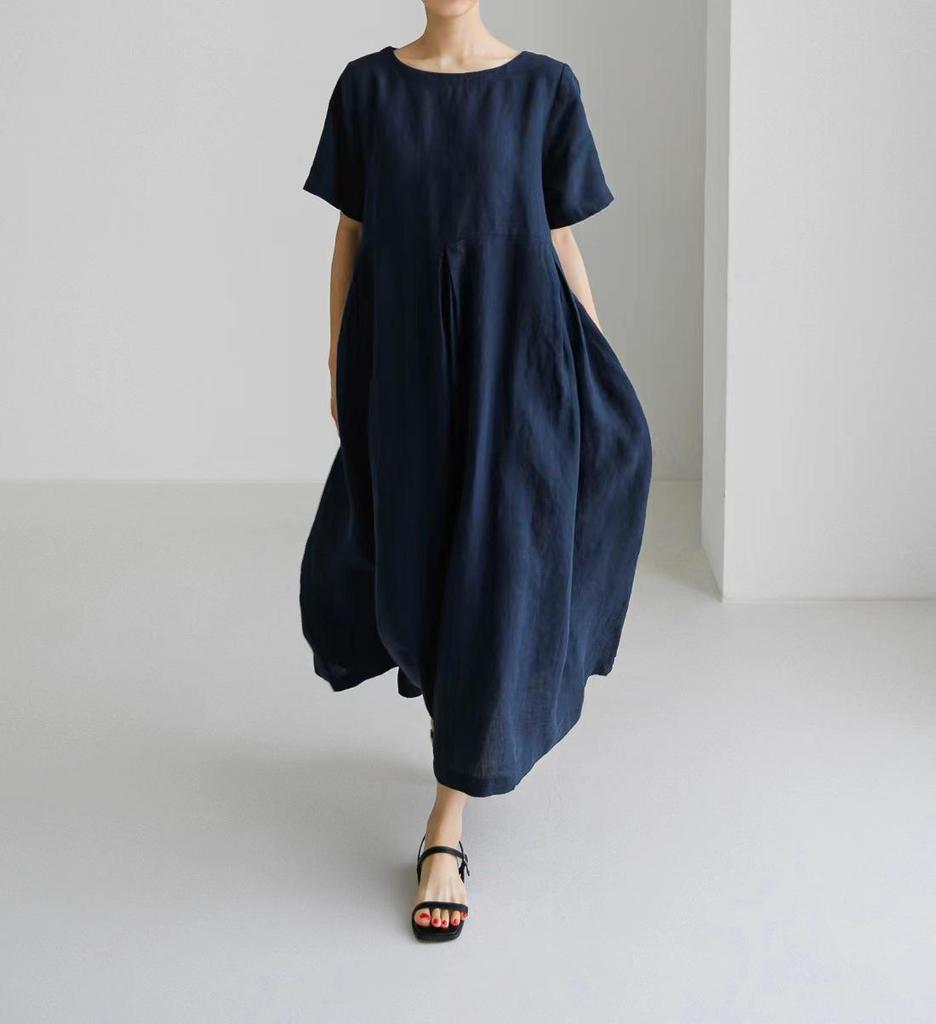 Loose Plus Size Cotton Linen Round Neck Pullover Dress - Japanese & Korean Style, Solid Color, Knee-Length Swing Skirt.
