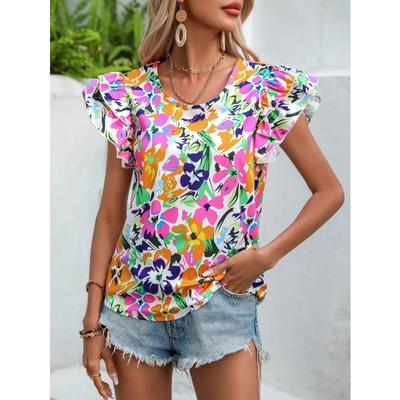 Damenmode Casual Sommer Frühling Blumenmuster Druck Kurzarm O-Ausschnitt Blusen & Hemden