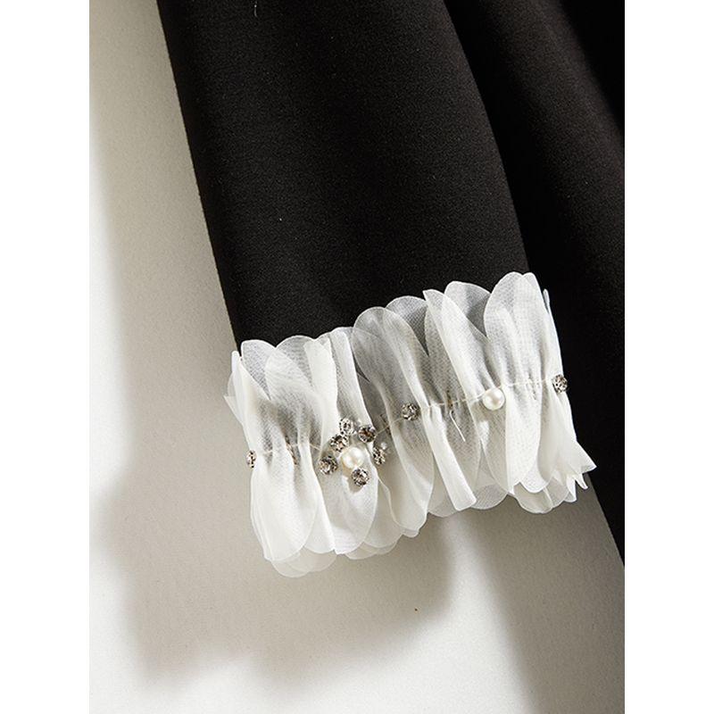 Digital Cutting Three-Dimensional Petal Collar Black Dress! Women's Fall and Winter Composite Cotton Ruched Fishtail Long Sleeves Pockets Dress