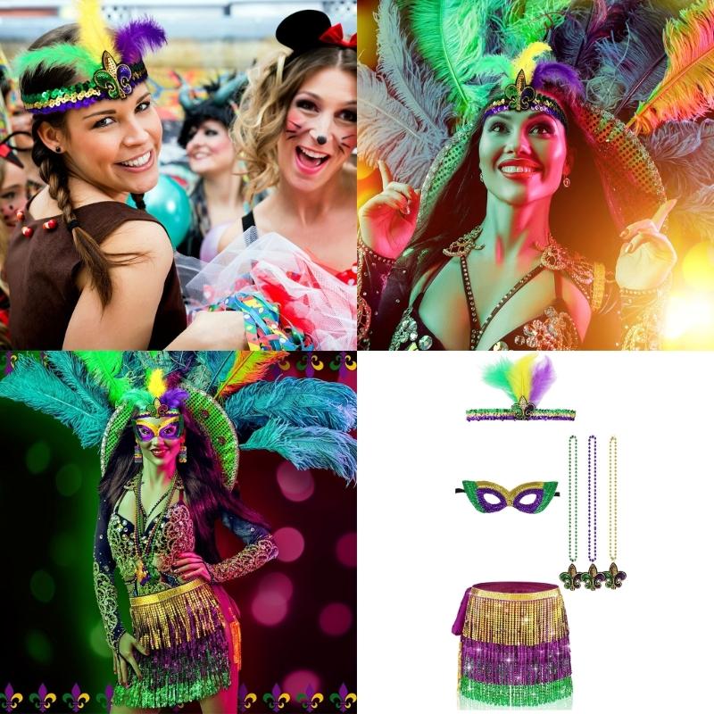 Mardi Gras Costume Tricolor Eyemask Beaded Necklace Feather Headband for Event Parties Favors Carnivals Party Supplies