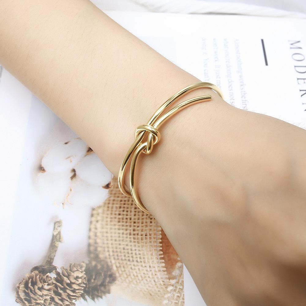 Women's 18K Gold Plated Knot Bangle - Creative Design, Long & Short Opening, Fashionable Titanium Steel Jewelry