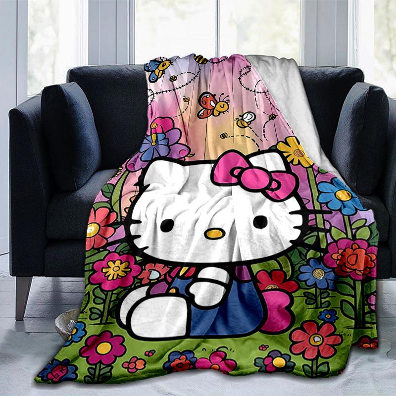 1pc Flowers and Butterflies Hello Kitty in a Colorful Garden Blanket, Soft Throw for Home Decor, Gift Idea for Family and Friend, Seasonal Use Blanket