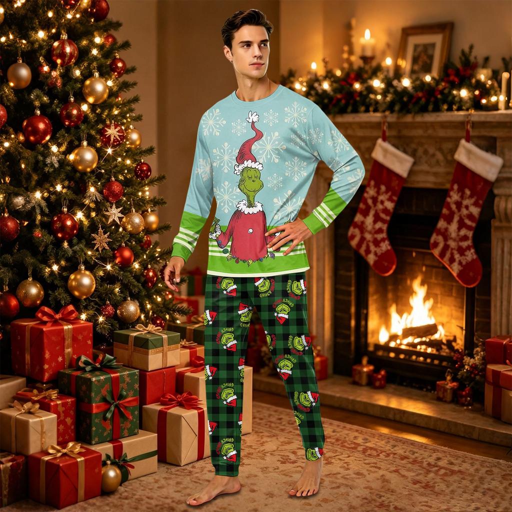 Family Matching Christmas Print Pajama Set, Long Sleeve Long Pants Holiday Loungewear for Parents and Kids