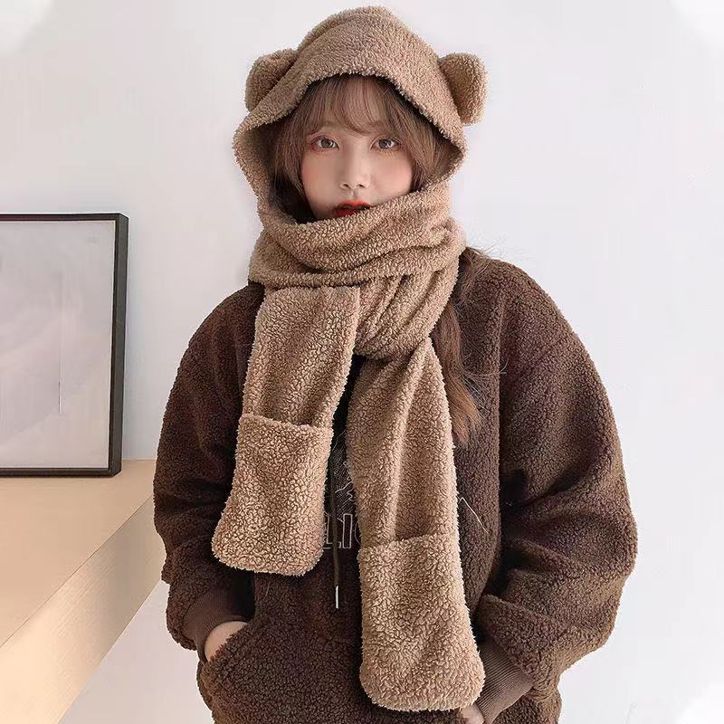 Bear hat women's winter scarf gloves three-piece cotton fleece integrated hooded cute thickened warm ear protector cotton hat