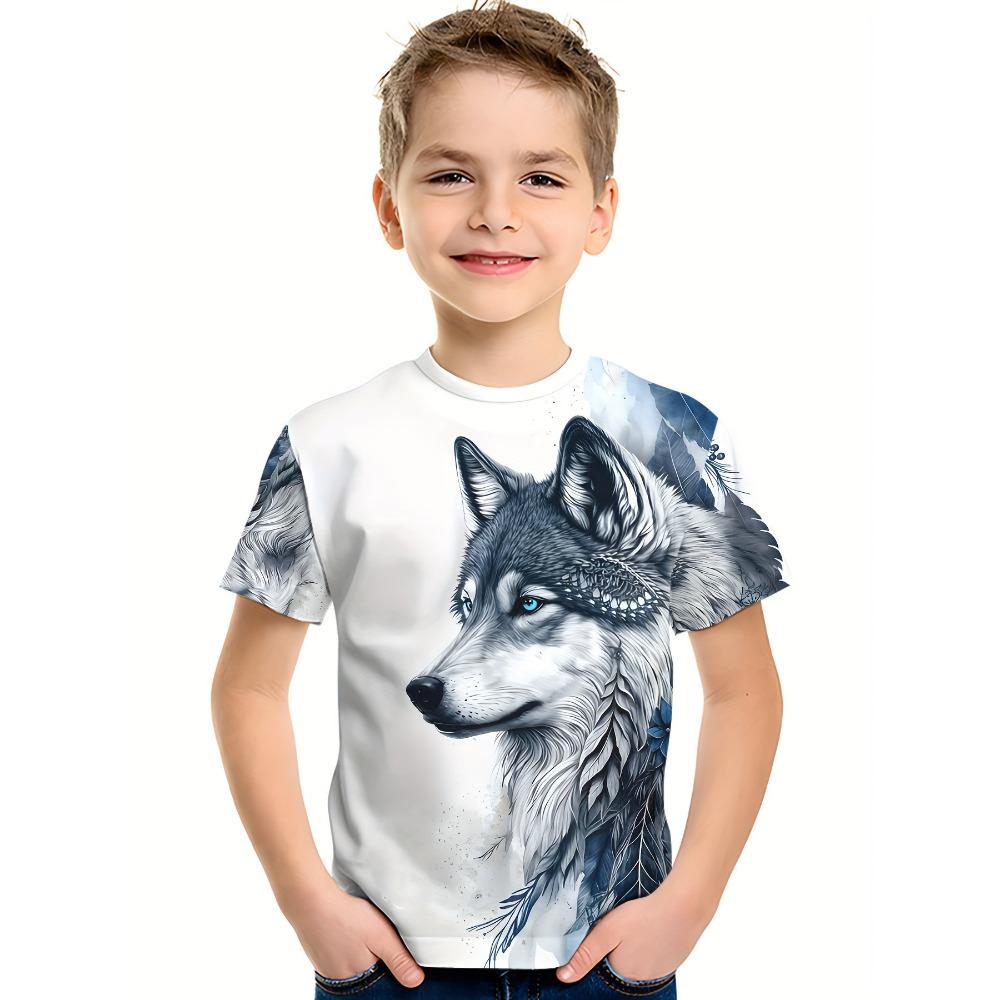 Kids Clothing Boy T-shirt Top Short Sleeve Cool 3D Animal Wolf Print Kids Summer Clothes Stylish Streetwear Round Neck Girl Clothes