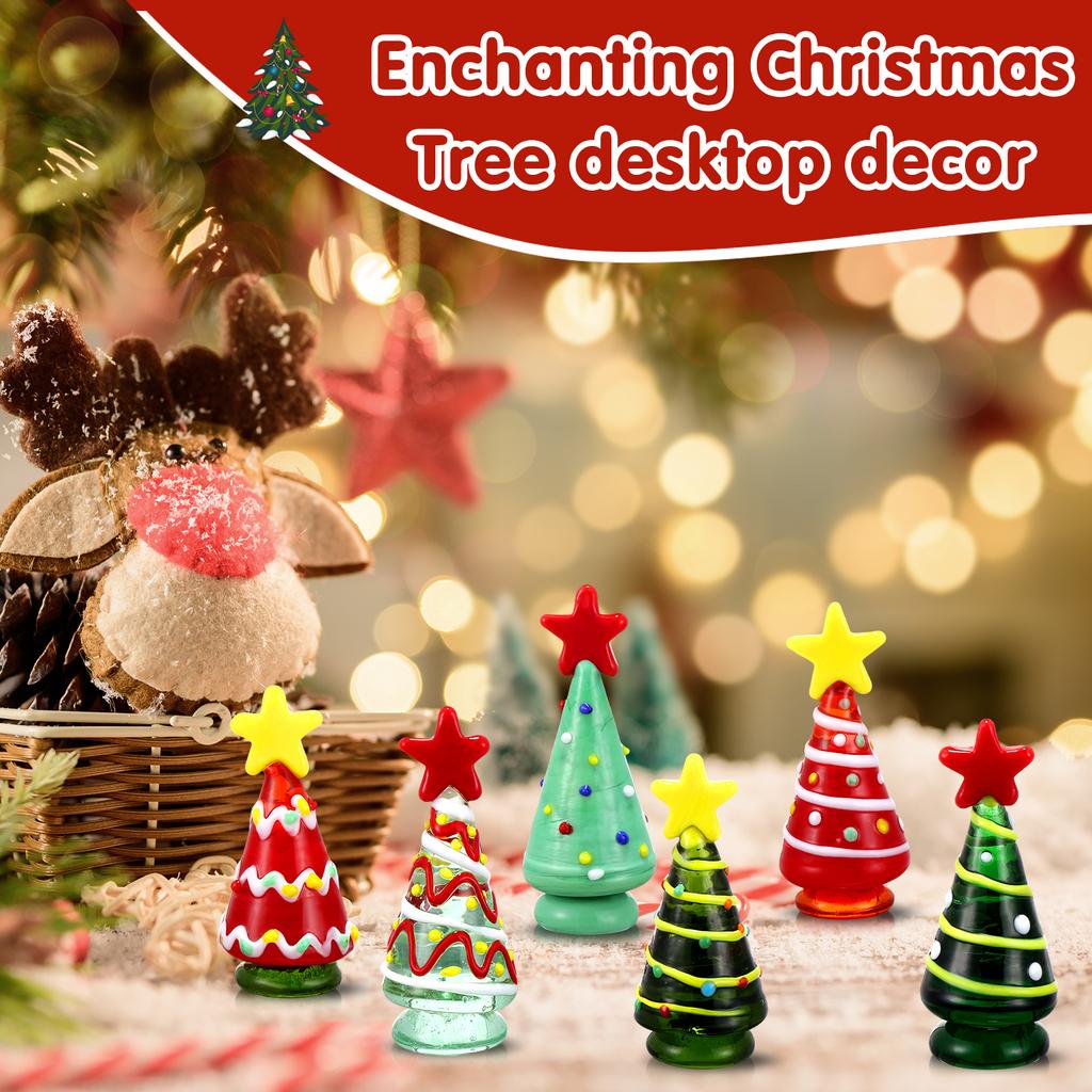 6 Pcs Glass Christmas Tree Gifts Set Mini Crystal Christmas Tree Figurine Miniature Glass Statue Xmas Party Favor Festival Gifts