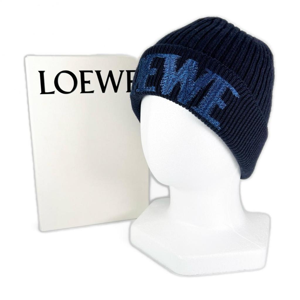 Pristine LOEWE Knit cap Logo design beanie Navy blue wool Women F540257X23 Used