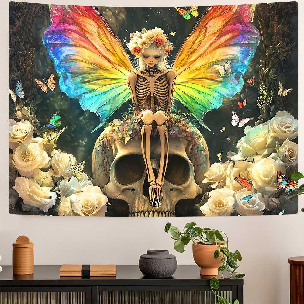 

Skull TapestryPink Flowers Blue Butterfly Tapestries Skeleton Art Abstract Aesthetics Wall Hanging Decor for Bedroom Living 74x94cm(29x37in)