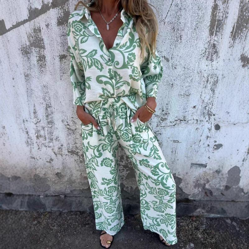 New Arrival Women's Casual Printed Three-Quarter Sleeve Two-Piece Set (Shirt and Pants)
