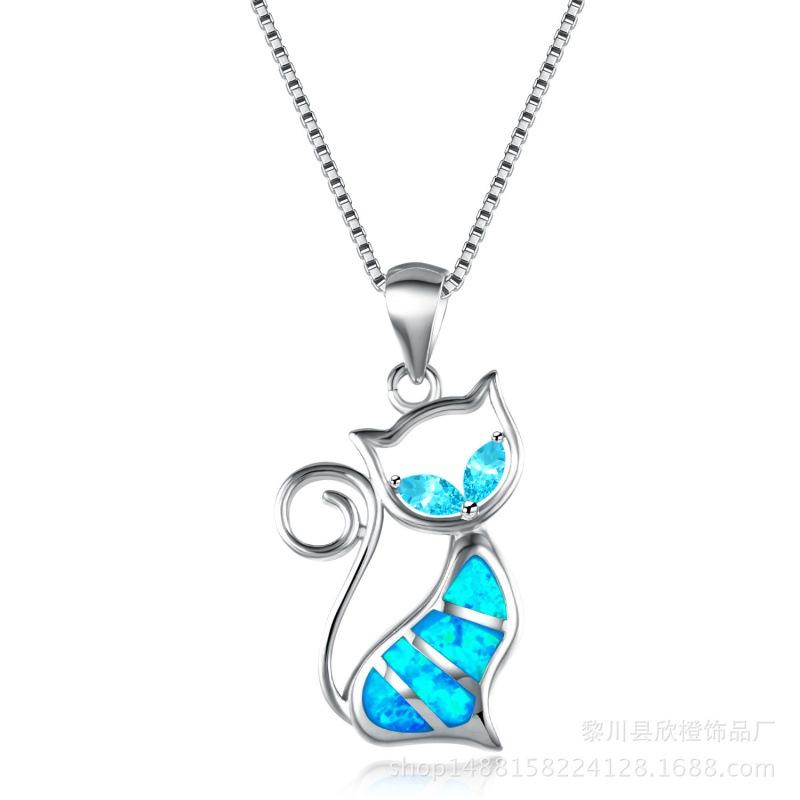 European and American jewelry two aqua blue diamonds + blue Opal cat pendant necklace