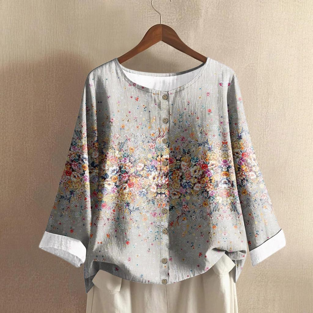 Women's Casual Long-sleeved Round-neck Retro Gradient Printed Cotton And Linen Top
