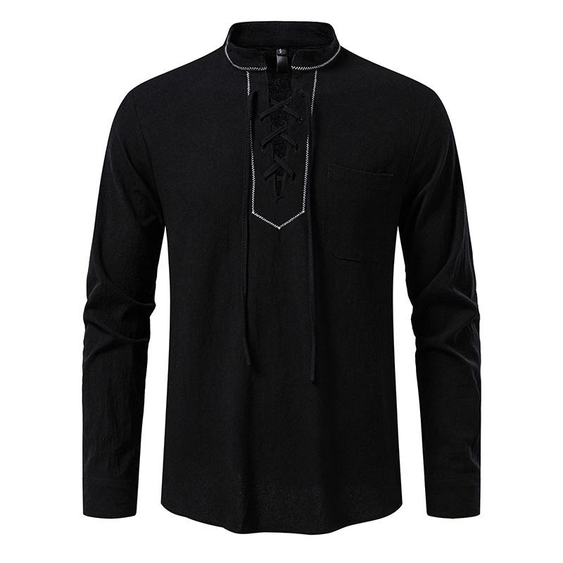 Men's Lace-Up Stand Collar Long Sleeve Shirt Casual Retro Top for Men Spring Autumn Fashion Multi-Color Male Blouse