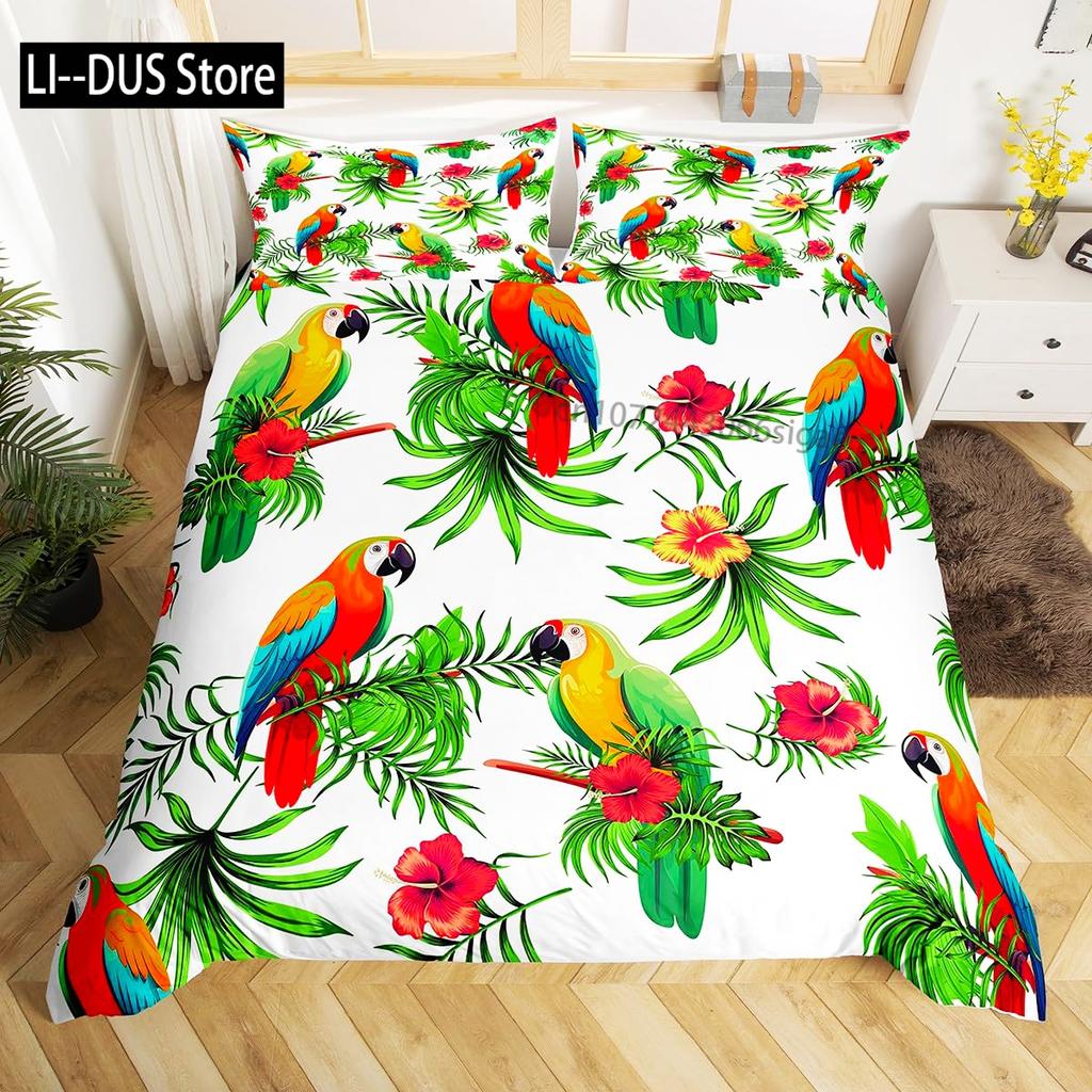 Tropical Leaves and Parrot Birds 3 Piece Bedding Set with Soft Duvet Cover and 2 Pillow Shams Printed Decoration for All Seasons