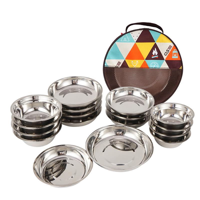 17-Piece Stainless Steel Outdoor Dinnerware Set: Portable BBQ and Camping Cutlery with Plates, Bowls, and Soup Basin.